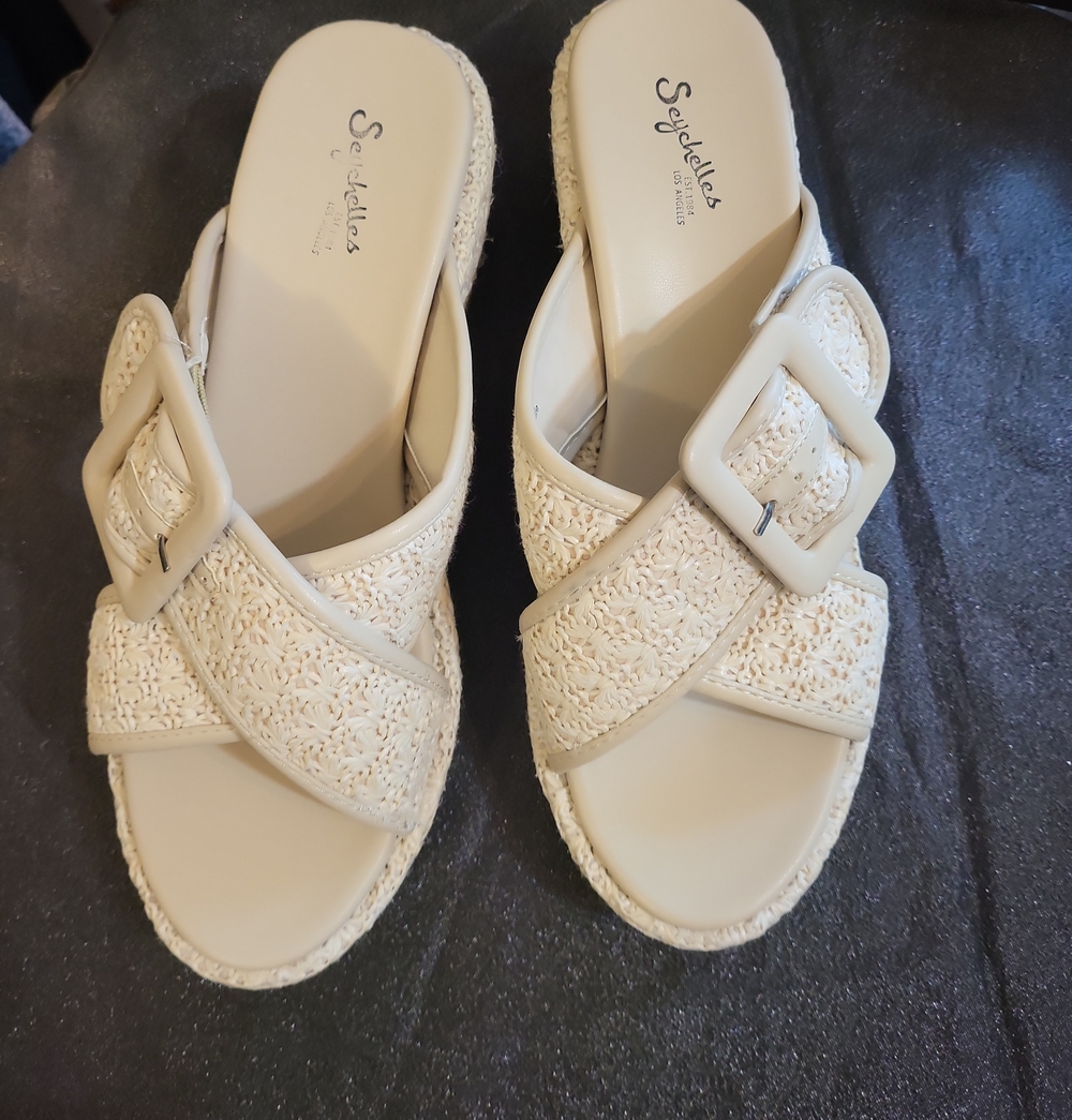 Seychelles Cream Woven Buckle Slide Mules